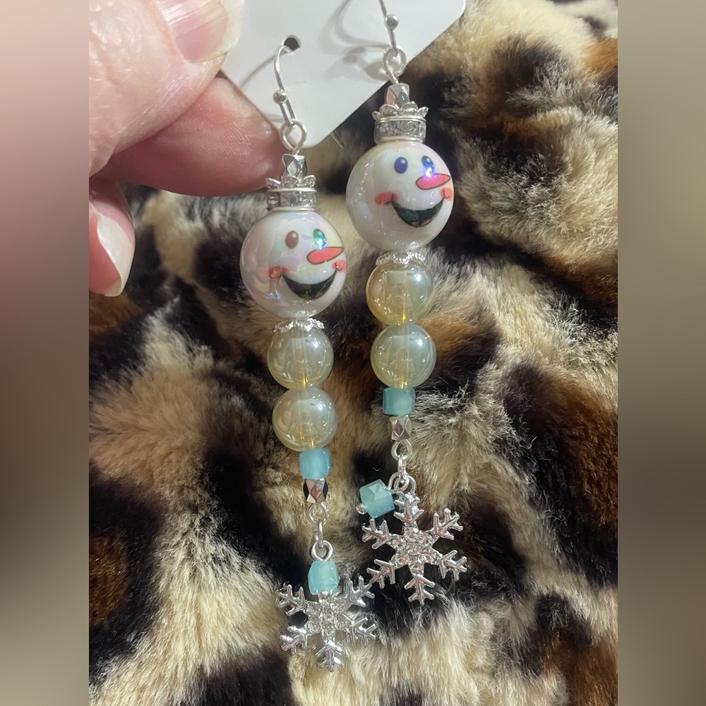 Snowman Beaded Earrings with Silver Snowflake Charms - Picture 5 of 5